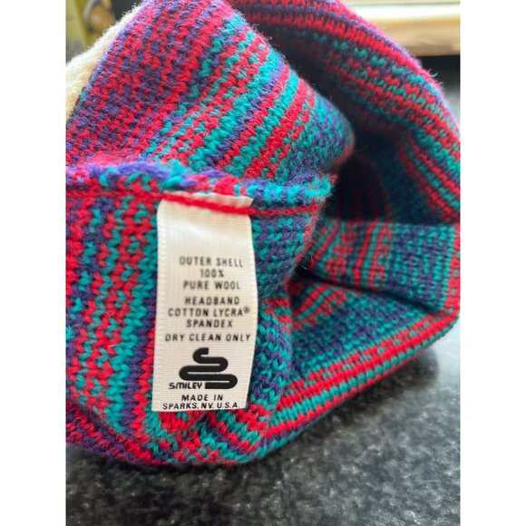 Vtg 1980's Smiley 100% Pure Wool Knit Beanie Hat Turquoise Red Purple - Picture 3 of 8